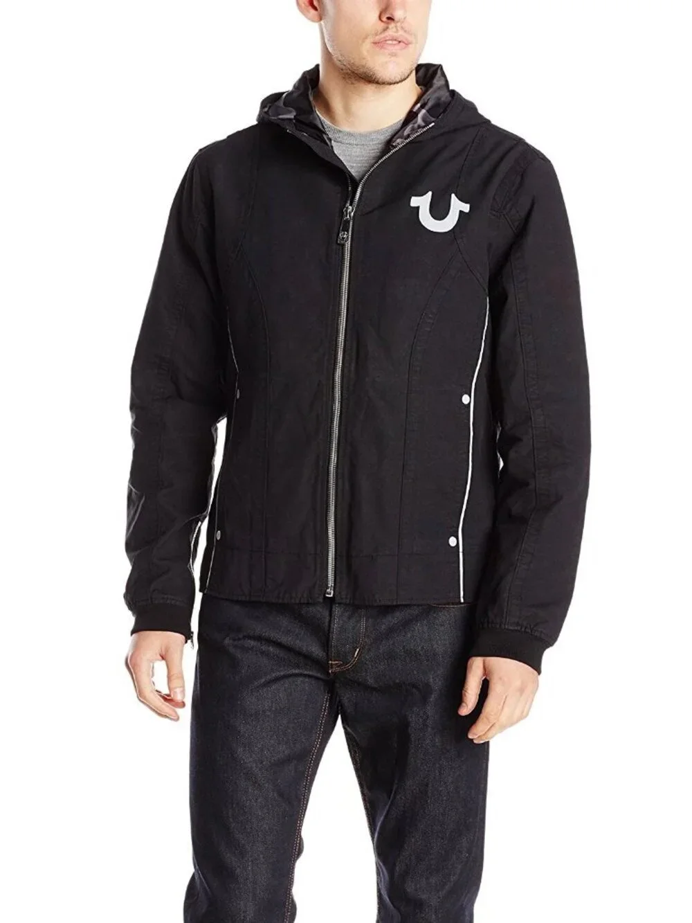 True Religion Black Hooded Reflective Moto Jacket Jet Black MC431TF1 Size 3XL